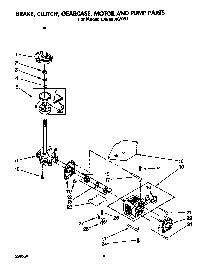 Whirlpool LA9680XWN1 brake, clutch, gearcase, motor and pump diagram