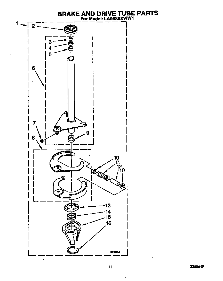 Whirlpool LA9680XWN1 brake and drive tube diagram