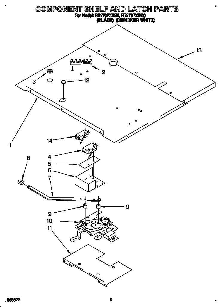 Whirlpool RB170PXBB0 component shelf and latch diagram