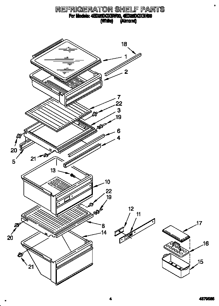 Whirlpool 4ED25DQXBW00 refrigerator shelf diagram