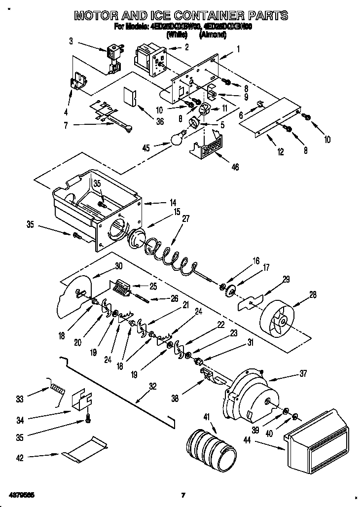 Whirlpool 4ED25DQXBW00 motor and ice container diagram