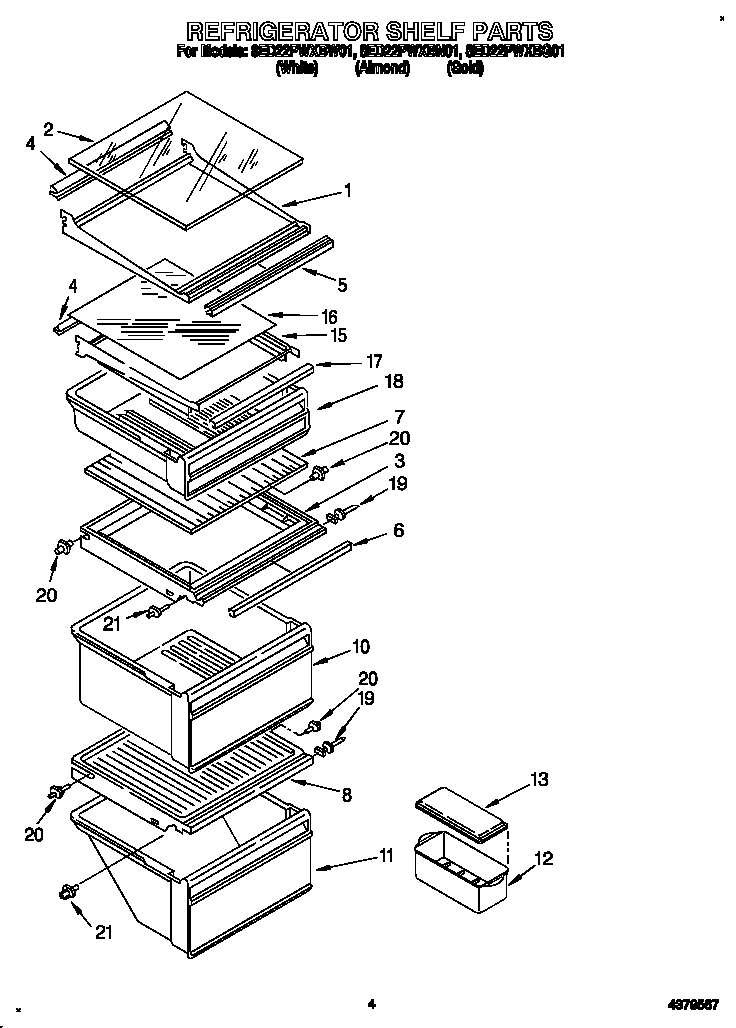 Whirlpool 8ED22PWXBW01 refrigerator shelf diagram