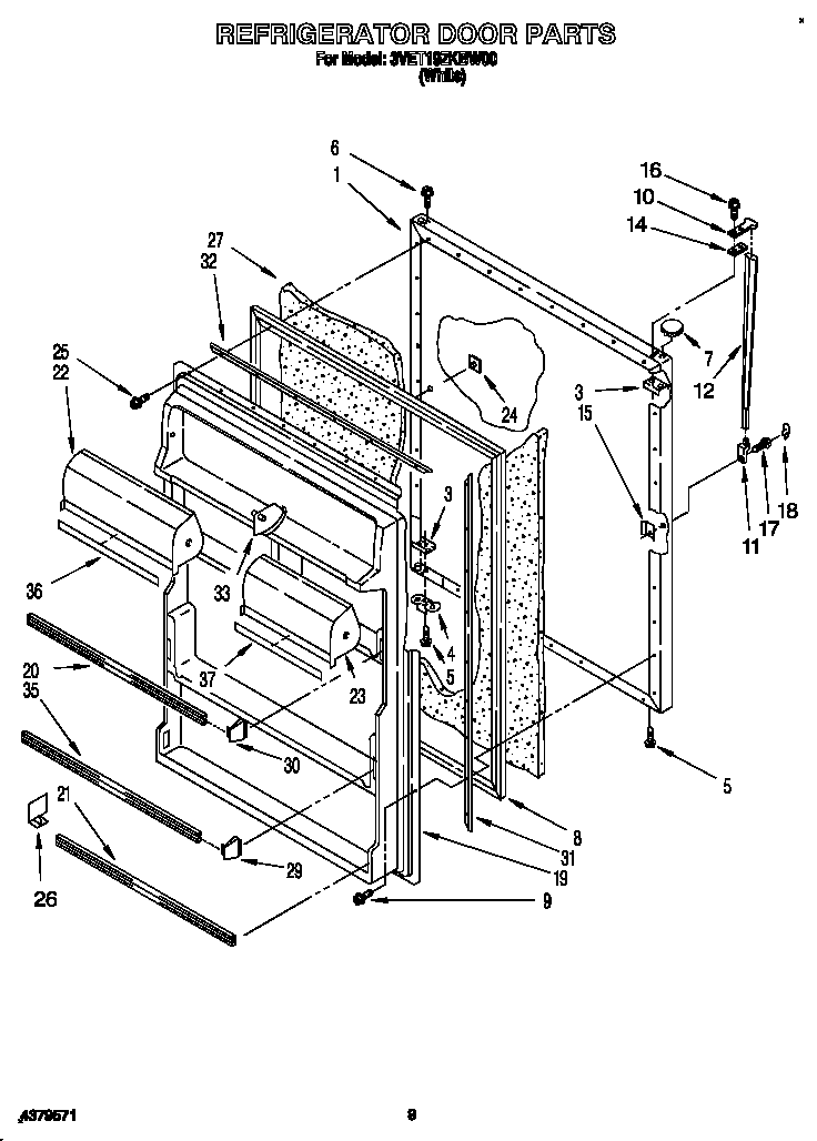 Whirlpool 3VET19ZKBW00 refrigerator door diagram