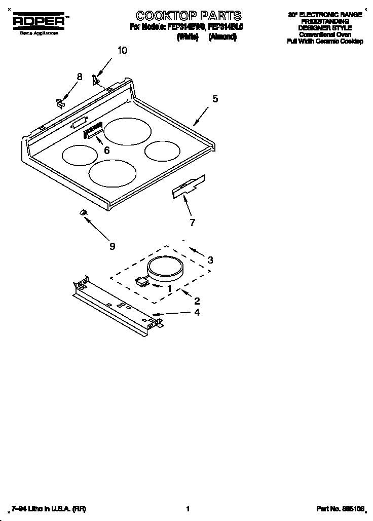 Roper FEP314BW0 cooktop and control diagram