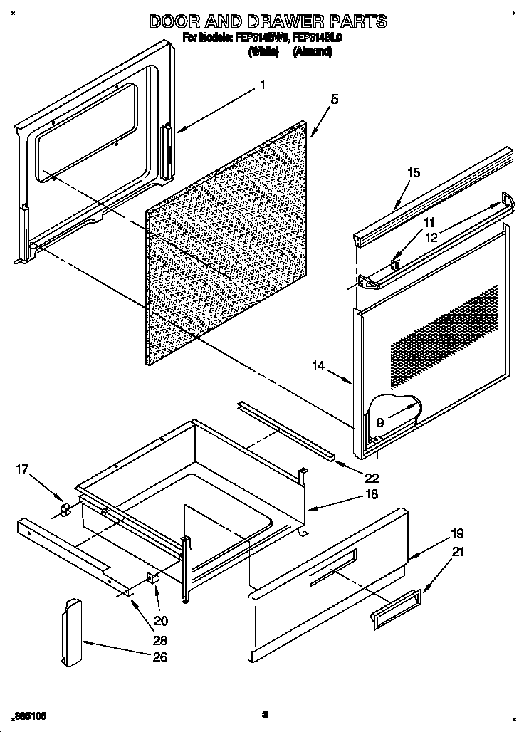 Roper FEP314BW0 door and drawer diagram