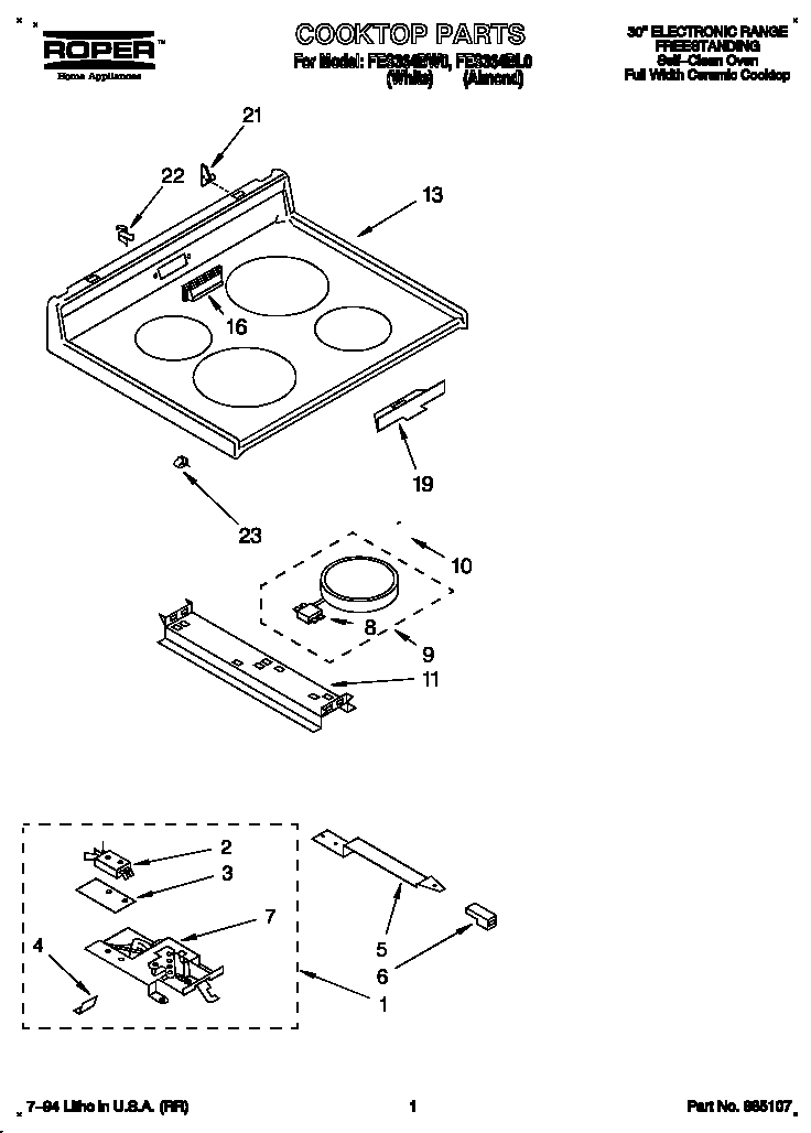 Roper FES364BL0 cooktop diagram