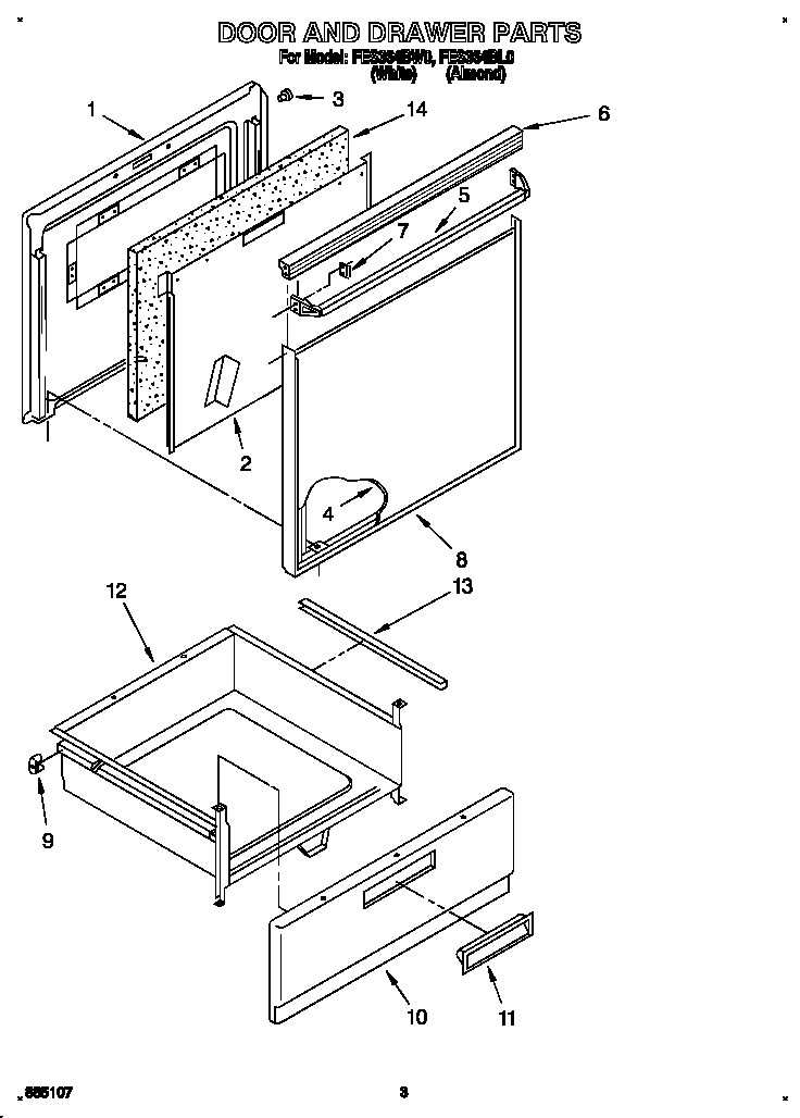 Roper FES364BL0 door and drawer diagram