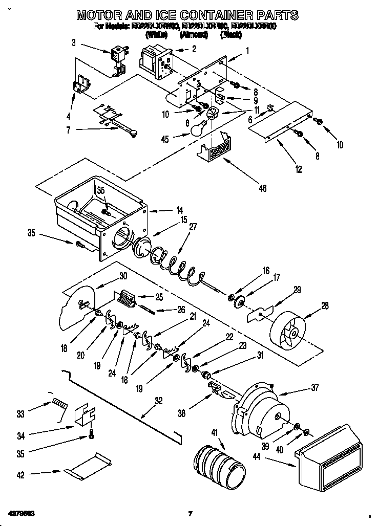 Whirlpool ED22DLXBB00 motor and ice container diagram
