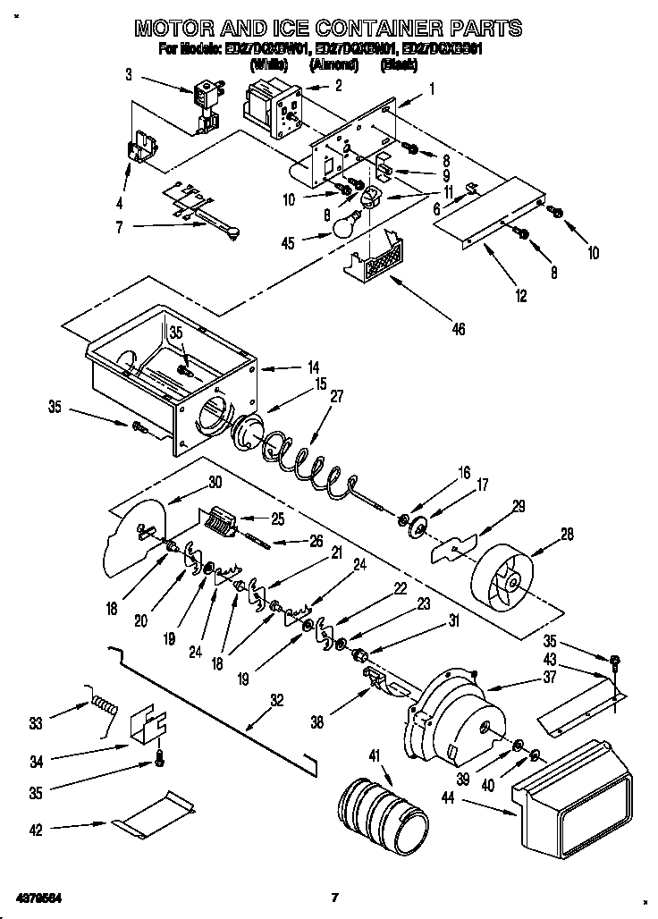 Whirlpool ED27DQXBN01 motor and ice container diagram