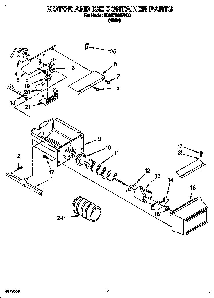 Whirlpool ED25PBXBW00 motor and ice container diagram