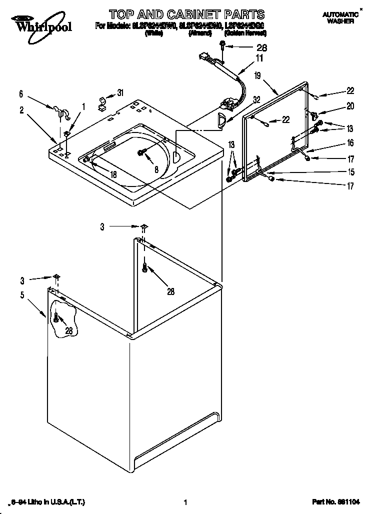 Whirlpool LSP6244BG0 top and cabinet diagram