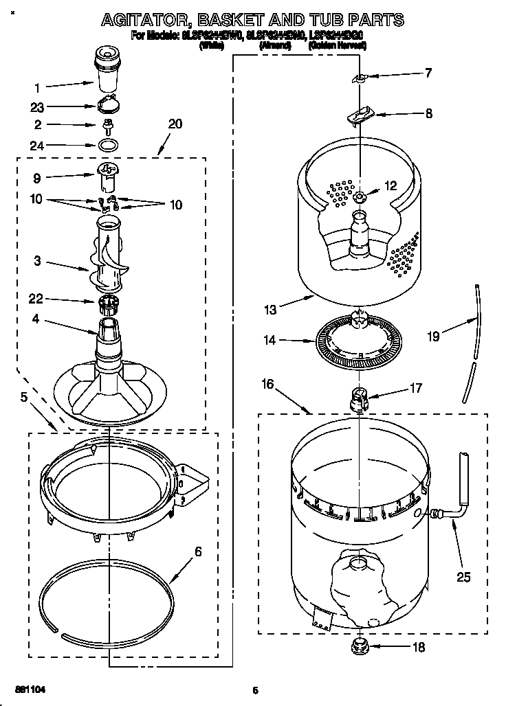 Whirlpool LSP6244BG0 agitator, basket and tub diagram