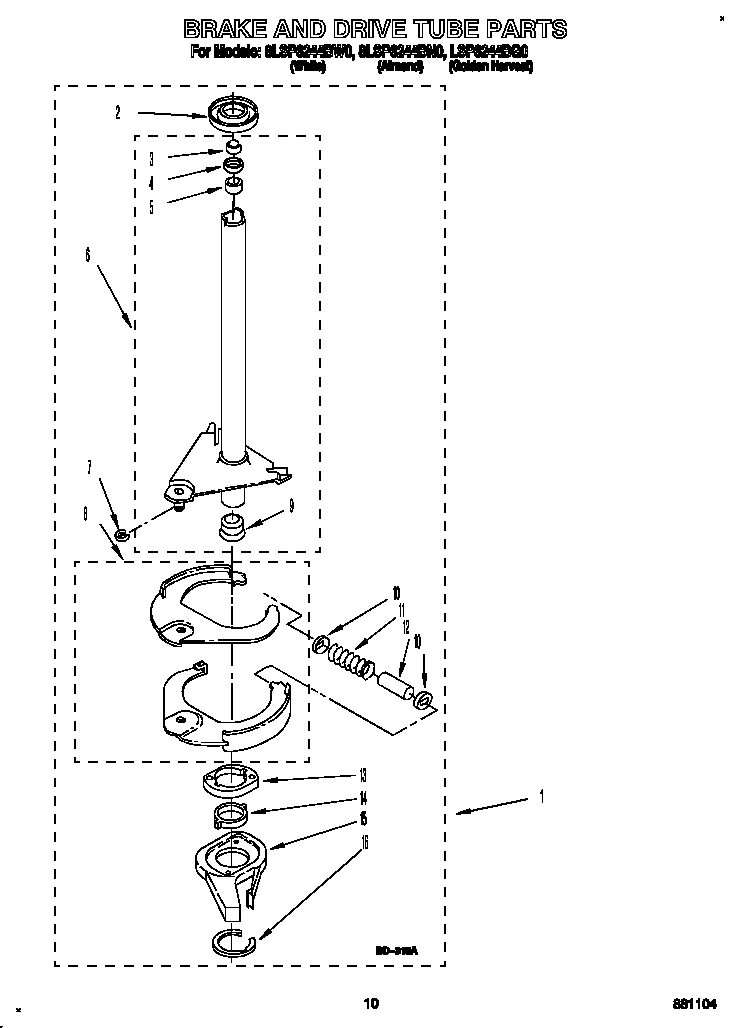 Whirlpool LSP6244BG0 brake and drive tube diagram