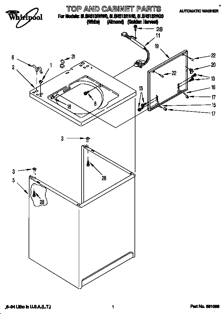 Whirlpool 8LSR5132BN0 top and cabinet diagram