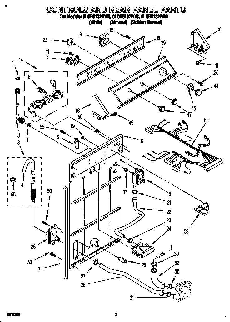 Whirlpool 8LSR5132BN0 controls and rear panel diagram