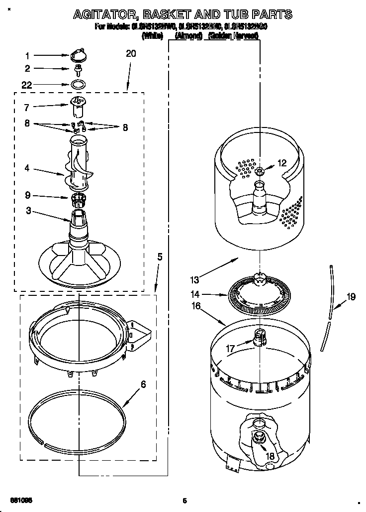 Whirlpool 8LSR5132BN0 agitator, basket and tub diagram