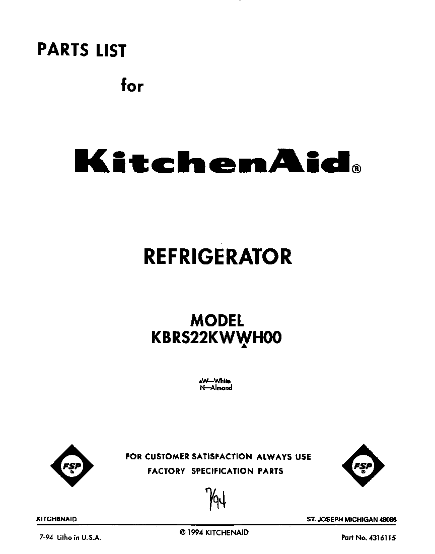 KitchenAid KBRS22KWAL00 front cover diagram
