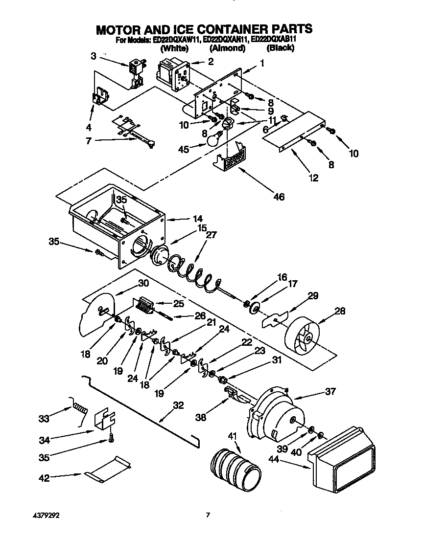 Whirlpool ED22DQXAW11 motor and ice container diagram