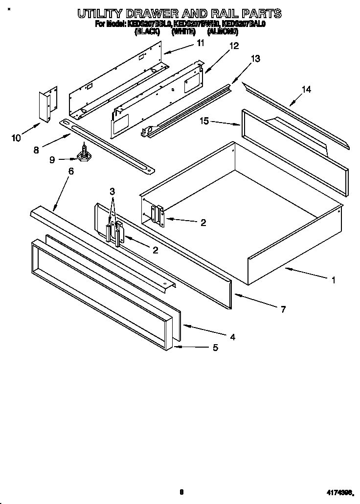 KitchenAid KEDS207BAL0 utility drawer and rail diagram