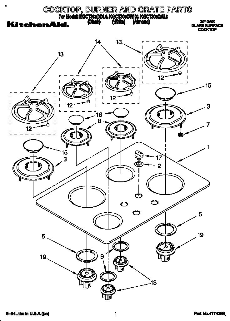 KitchenAid KGCT305BAL0 cooktop, burner and grate diagram