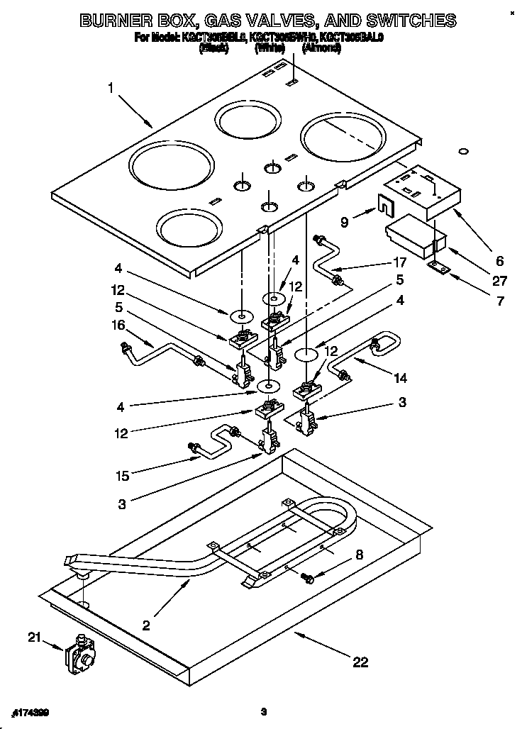 KitchenAid KGCT305BAL0 burner box, gas valves, and switches diagram
