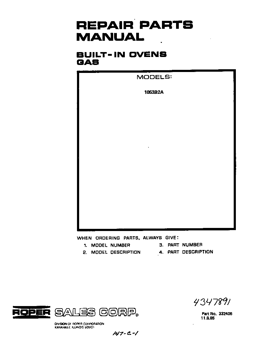 Roper 1053B2A front cover diagram