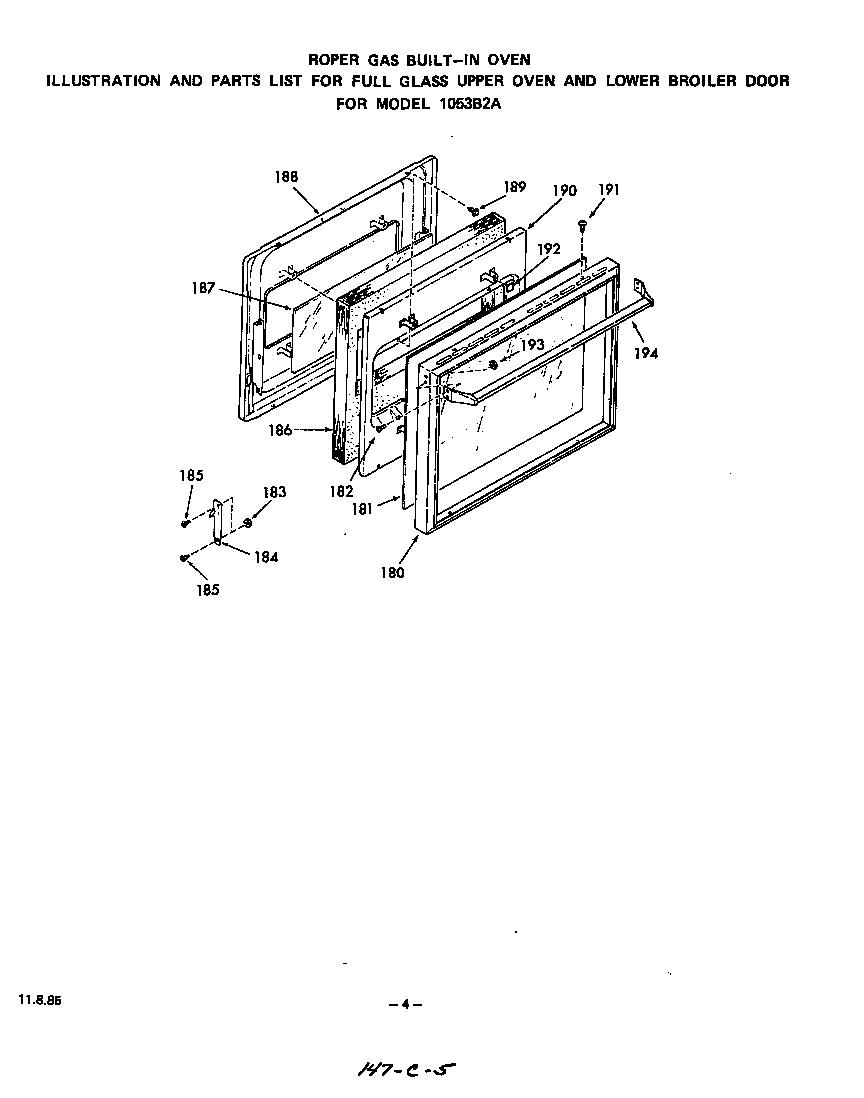 Roper 1053B2A door, upper oven and lower broiler diagram