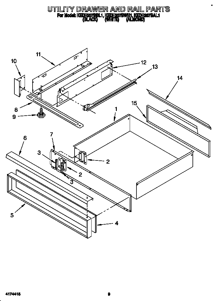 KitchenAid KEDH207BAL1 utility drawer and rail diagram