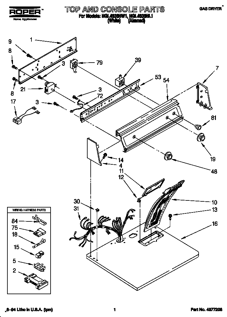 Roper RGL4636BW1 top and console diagram
