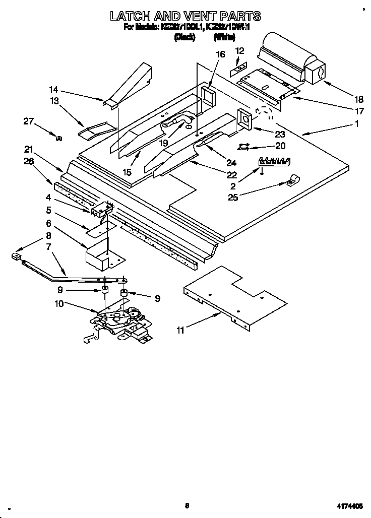 KitchenAid KEBI271BWH1 latch and vent diagram