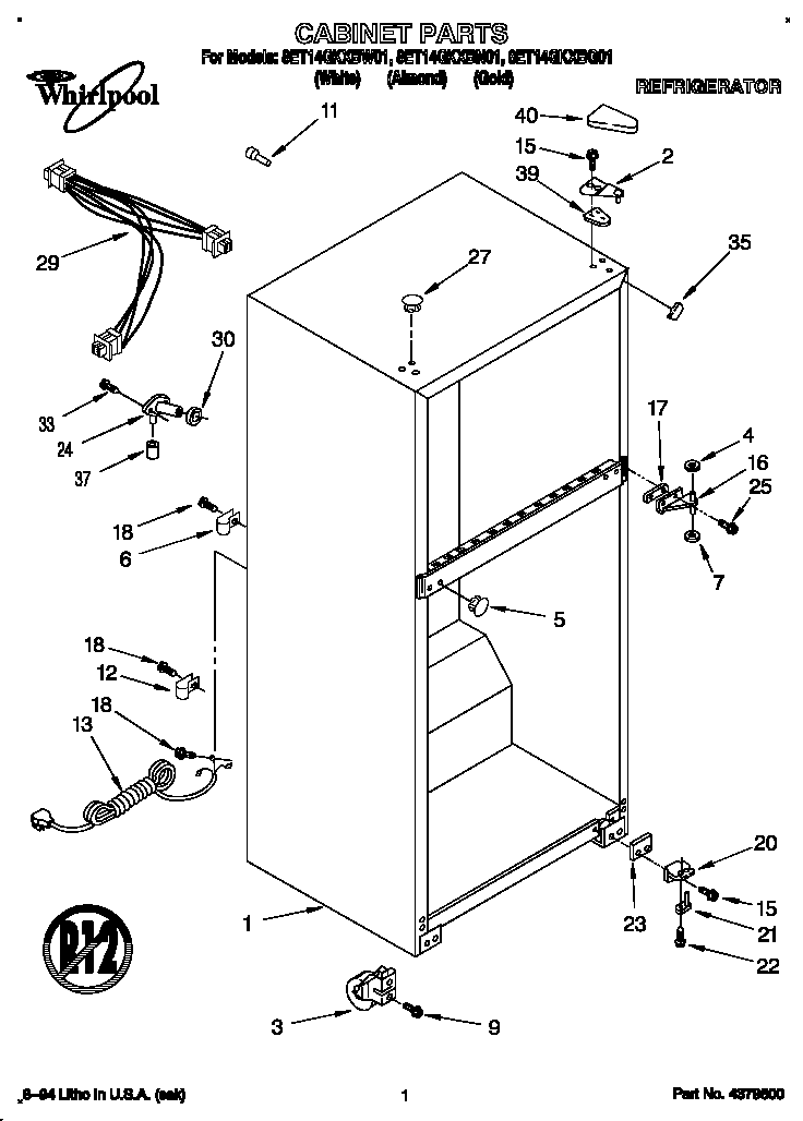 Whirlpool 8ET14GKXBN01 cabinet diagram