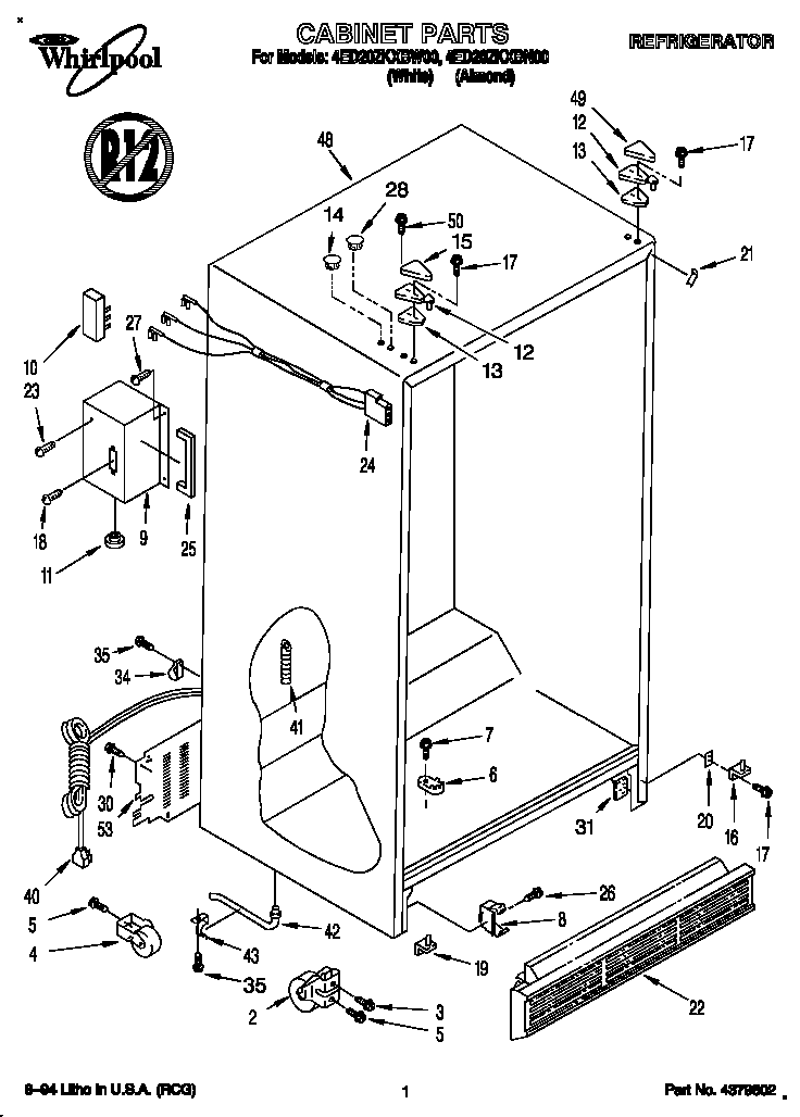 Whirlpool 4ED20ZKXBW00 cabinet diagram