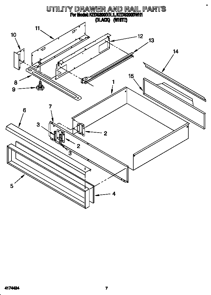 KitchenAid KEDS200BBL1 utility drawer and rail diagram