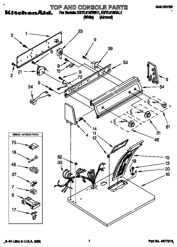 KitchenAid KGYL510BAL1 top and console diagram