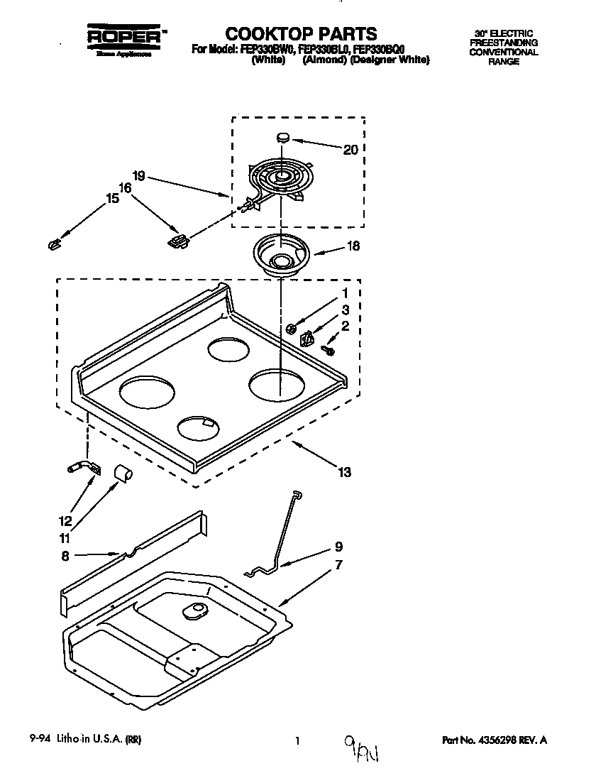 Roper FEP330BW0 cooktop diagram