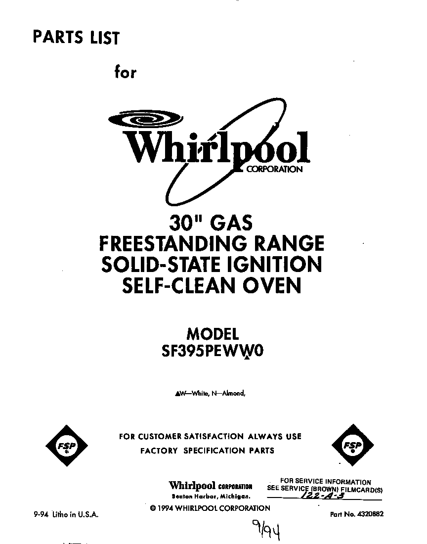 Whirlpool SF395PEWW0 front cover diagram