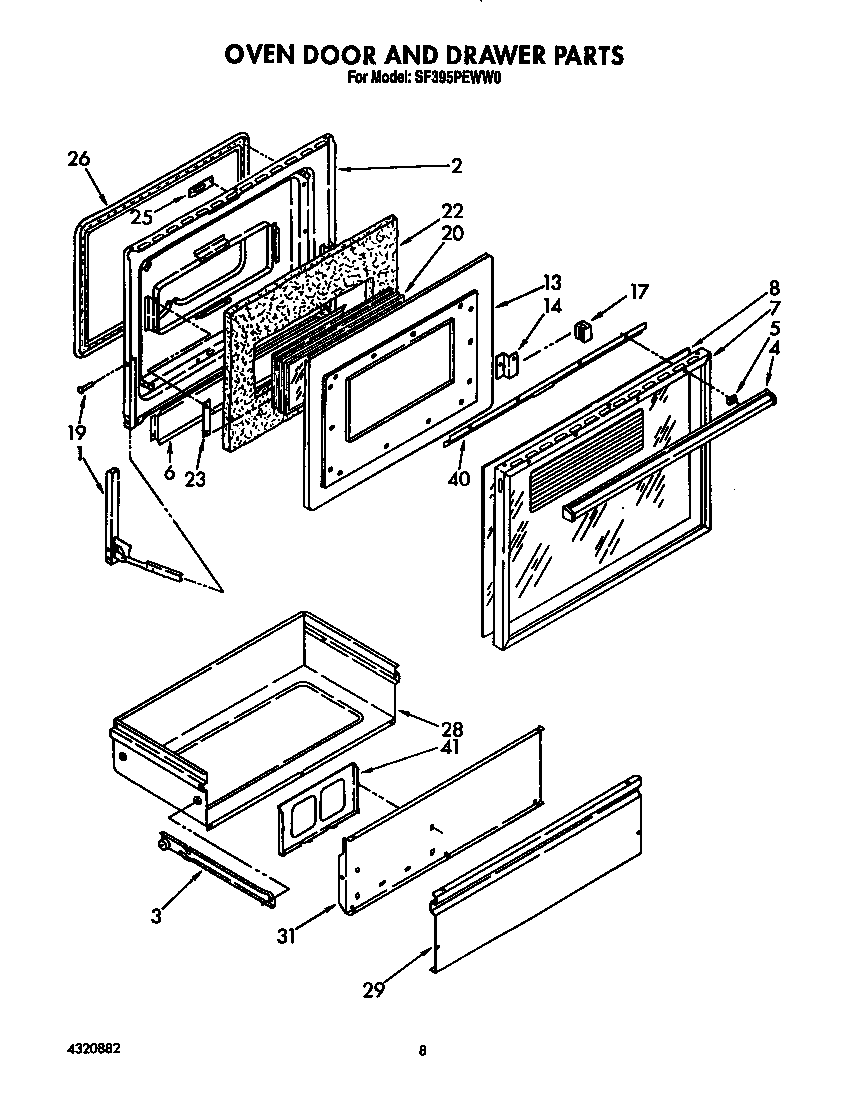 Whirlpool SF395PEWW0 oven door and drawer diagram