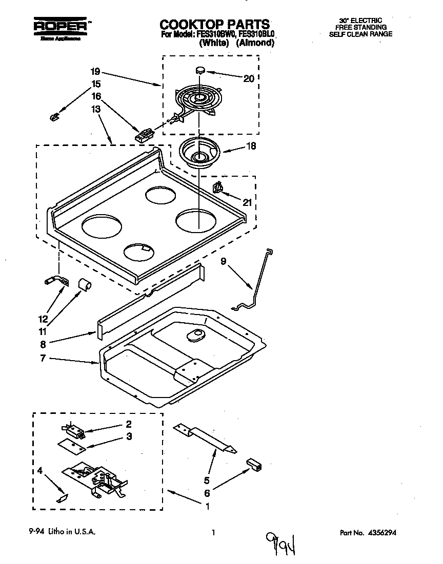 Roper FES310BL0 cooktop diagram