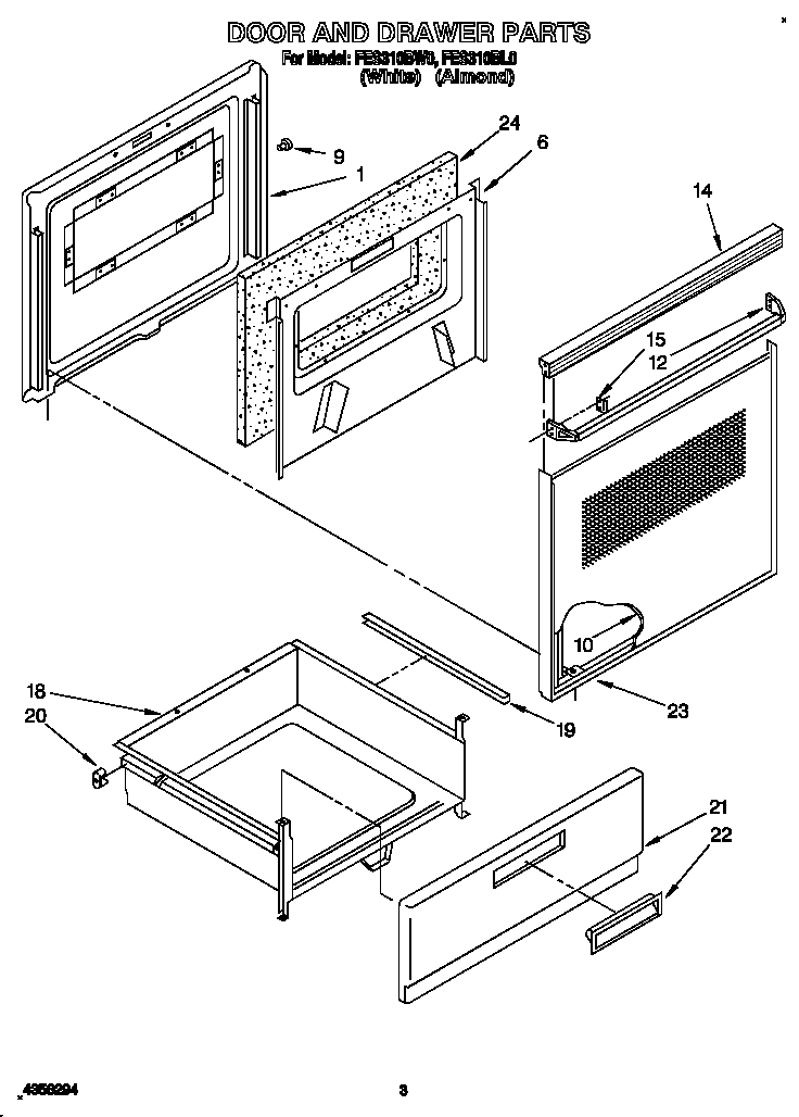 Roper FES310BL0 door and drawer diagram