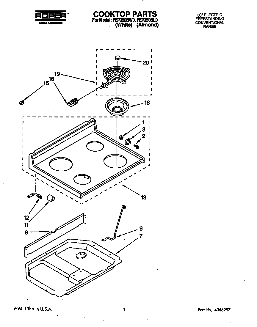 Roper FEP350BW0 cooktop diagram