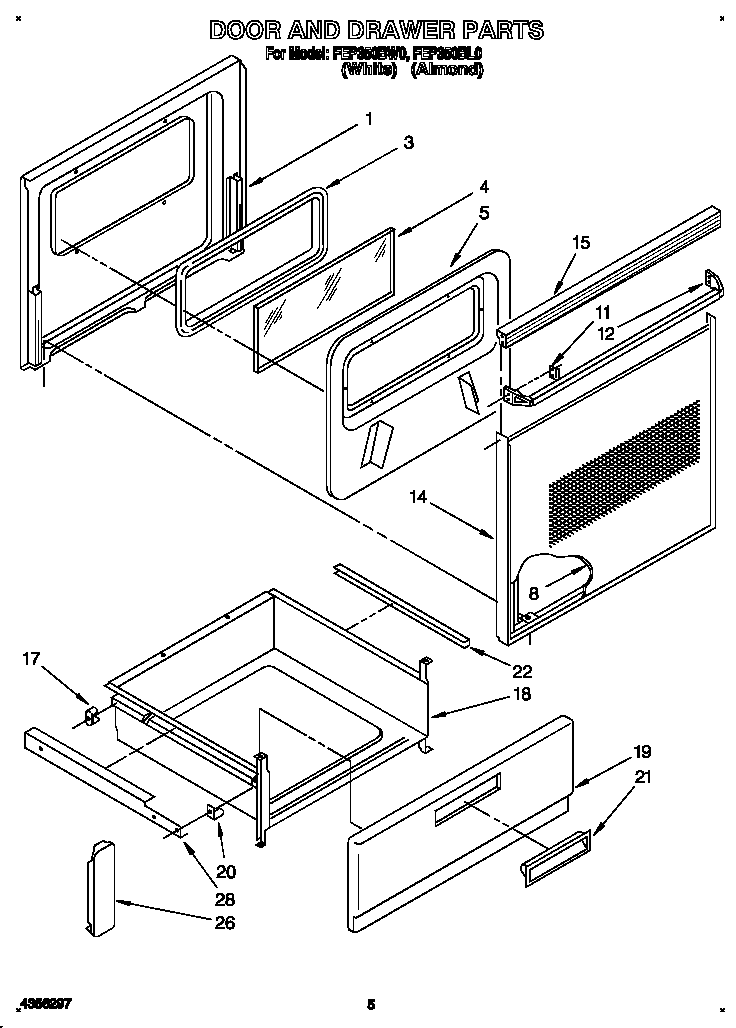 Roper FEP350BW0 door and drawer diagram