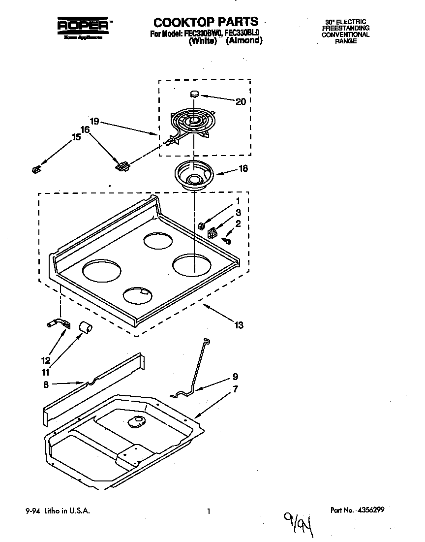 Roper FEC330BW0 cooktop diagram