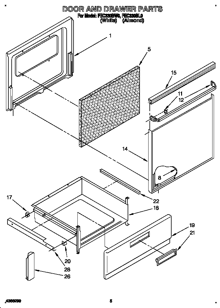 Roper FEC330BW0 door and drawer diagram