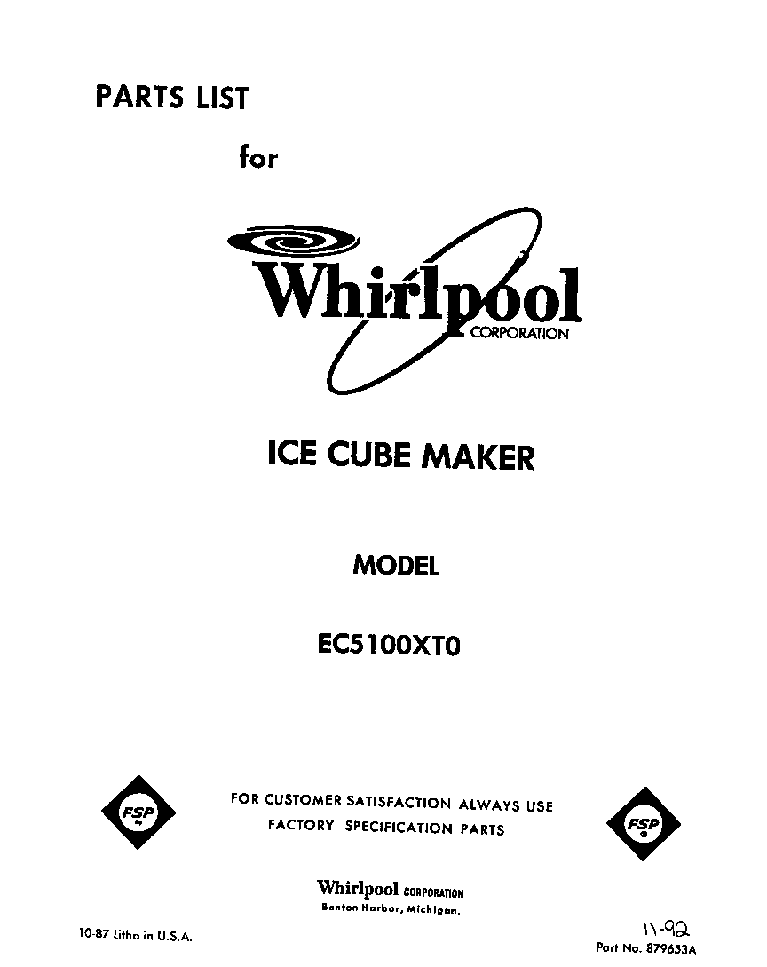 Whirlpool EC5100XT0 front cover diagram