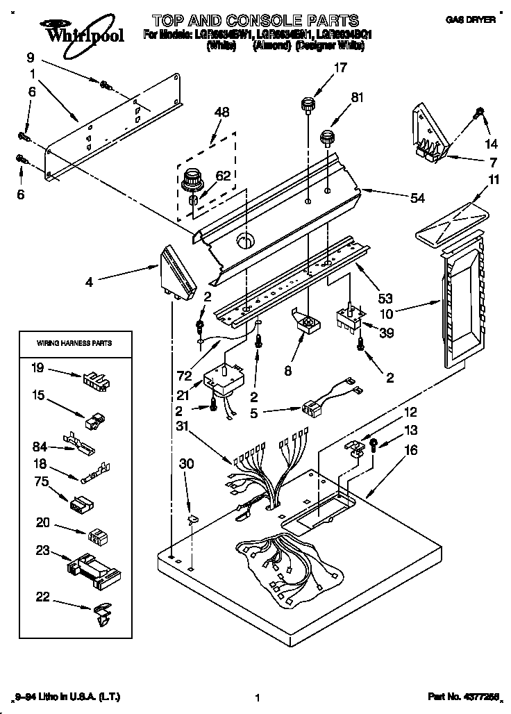 Whirlpool LGR6634BW1 top and console diagram