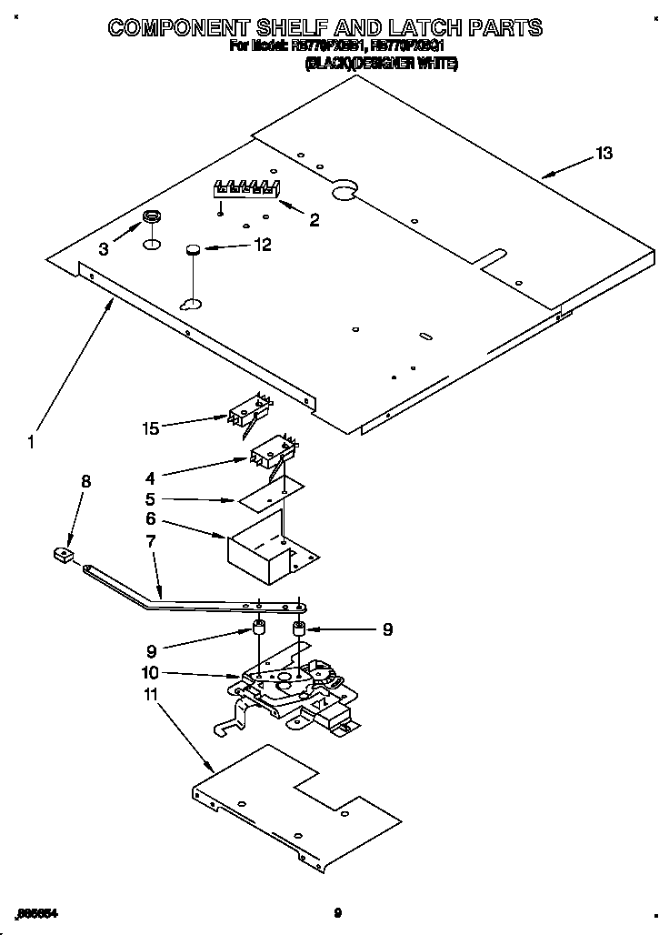 Whirlpool RB770PXBB1 component shelf and latch diagram