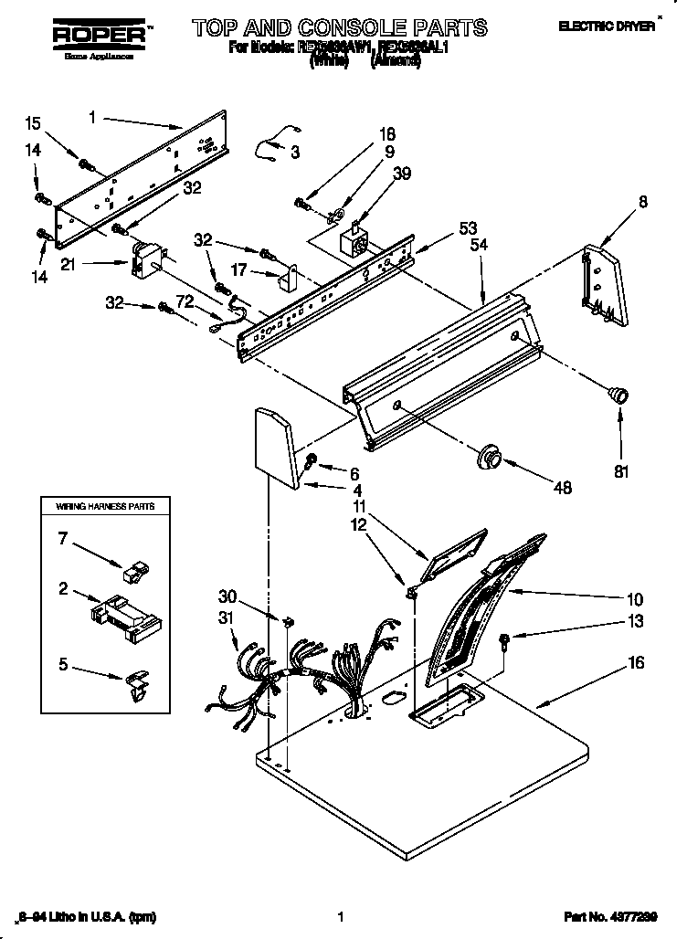 Roper REX5636AL1 top and console diagram