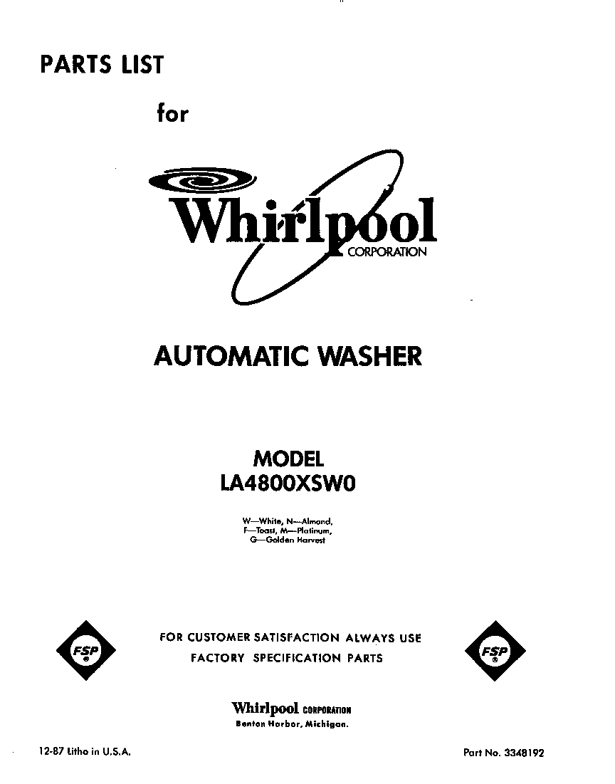 Whirlpool LA4800XSW0 front cover diagram