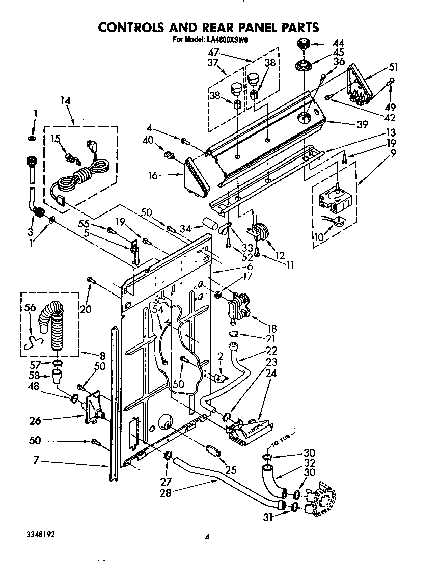 Whirlpool LA4800XSW0 controls and rear panel diagram