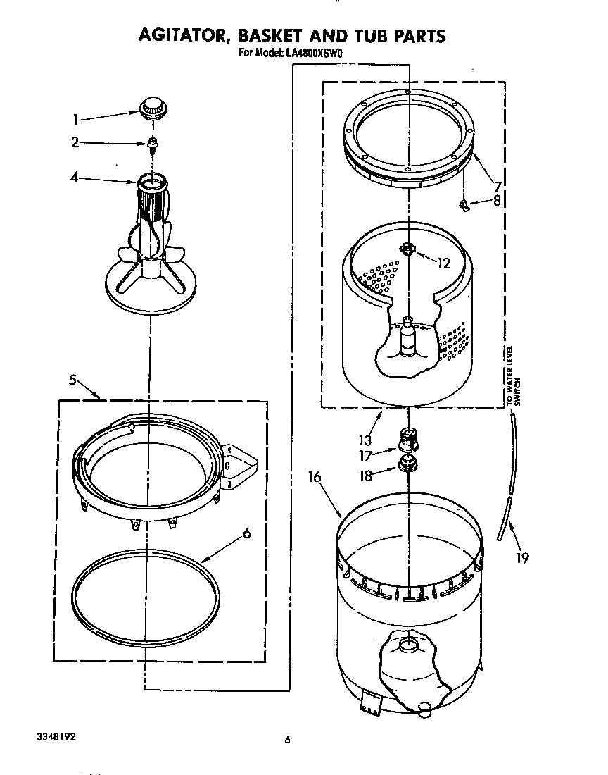 Whirlpool LA4800XSW0 agitator, basket and tub diagram